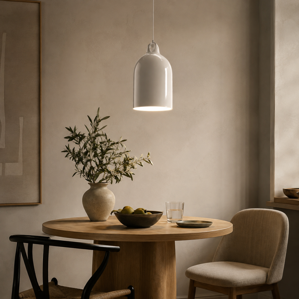 Lámpara colgante blanca sobre mesa redonda de madera en comedor contemporáneo con decoración en tonos neutros.