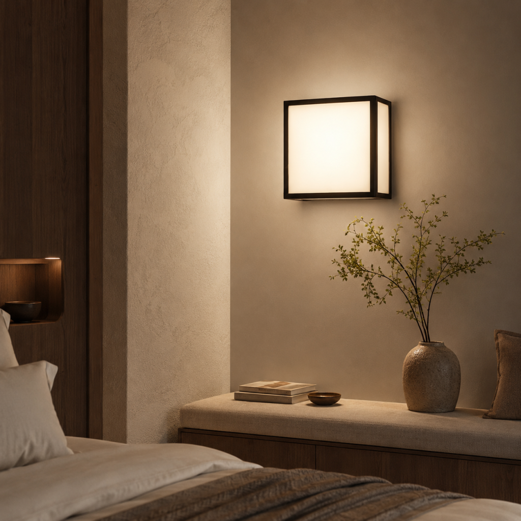Aplique cuadrado negro con difusor blanco iluminando un dormitorio cálido y elegante.