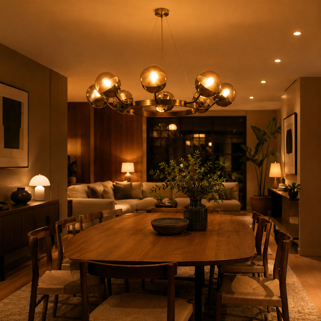Lámpara colgante de seis brazos con bolas de cristal iluminando un comedor cálido y elegante.