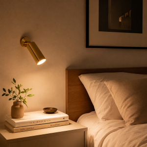 Aplique lector Hugo en acabado oro brillo junto a una cama, iluminando de forma cálida la zona de lectura.