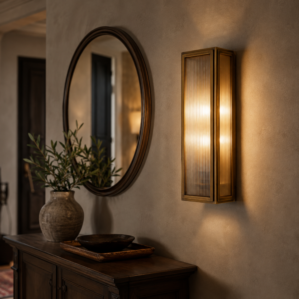 Aplique Kenzo de cristal acanalado y acabado bronce iluminando una entrada elegante con consola de madera y espejo redondo.