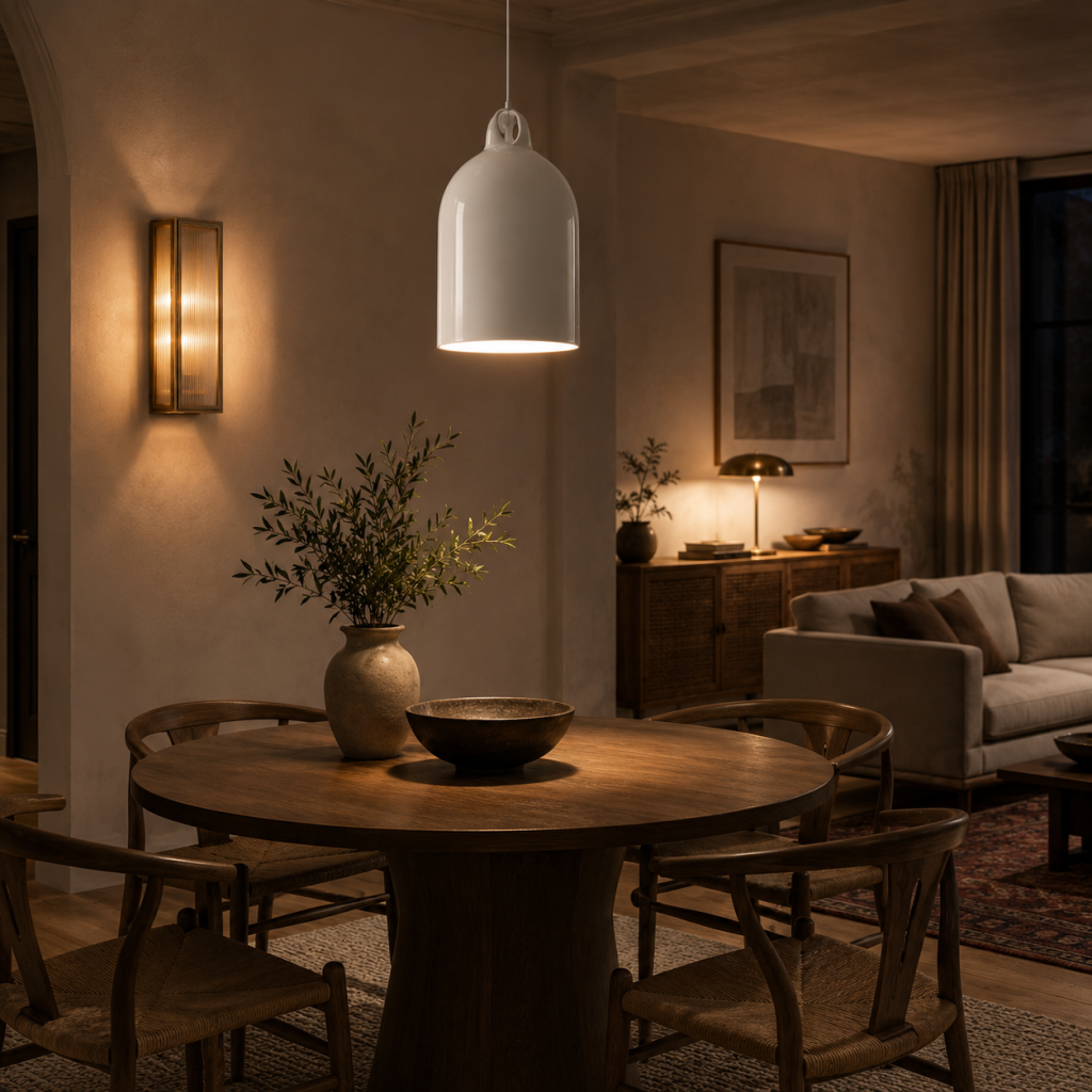 Combinación de lámpara colgante blanca, aplique de cristal acanalado y lámpara de sobremesa en un salón comedor cálido.