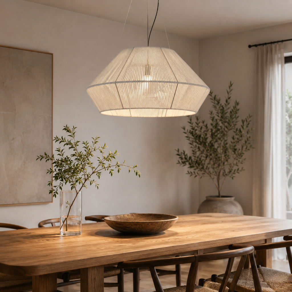 Lámpara colgante de gran formato con pantalla de hilos blancos sobre mesa de comedor de madera.