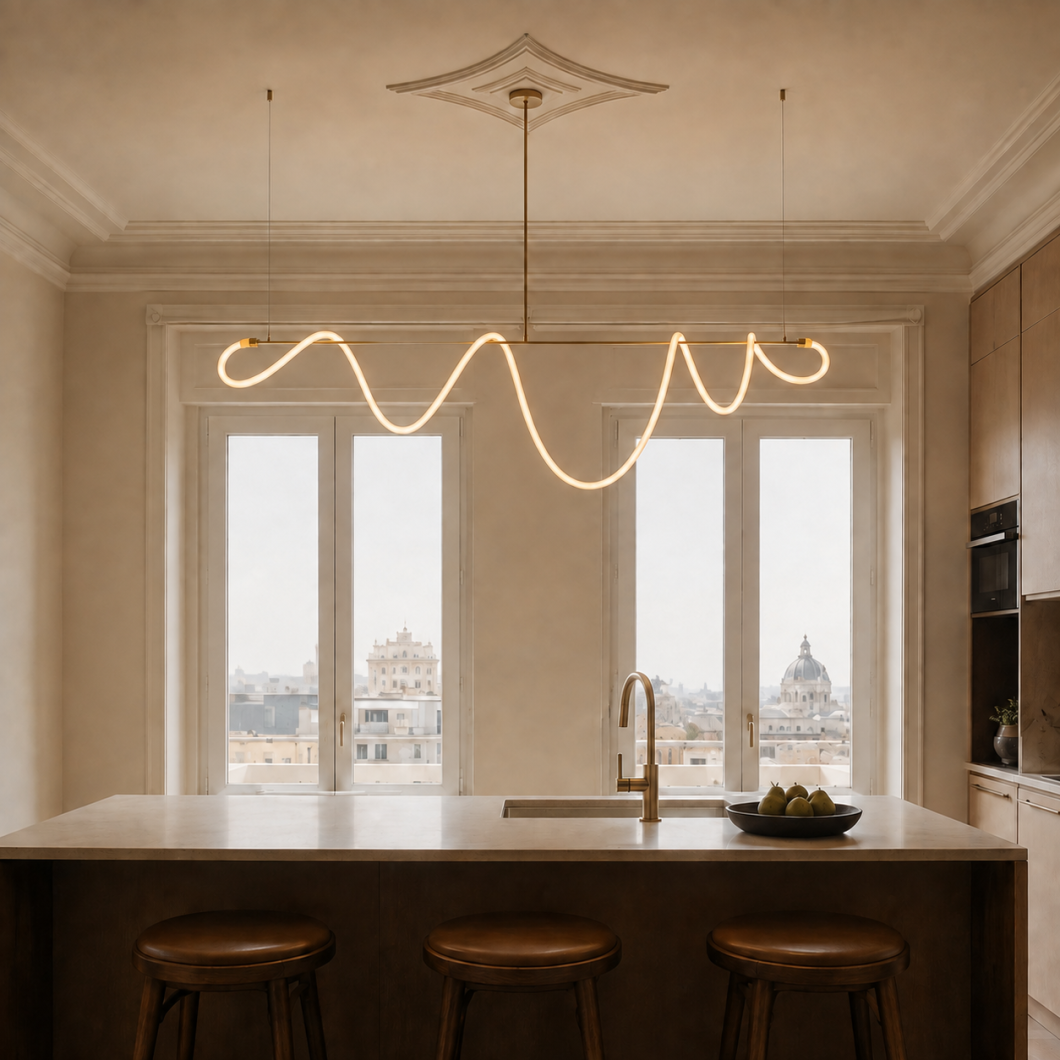 Lámpara Galton de diseño ondulado iluminando una cocina elegante con isla central y grandes ventanales.
