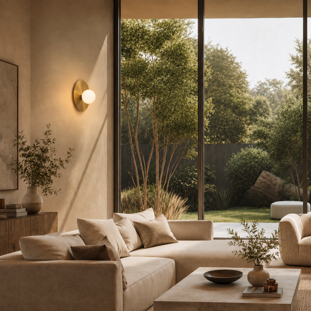 Aplique Aldani en acabado dorado con globo opal iluminando un salón contemporáneo junto a grandes ventanales.