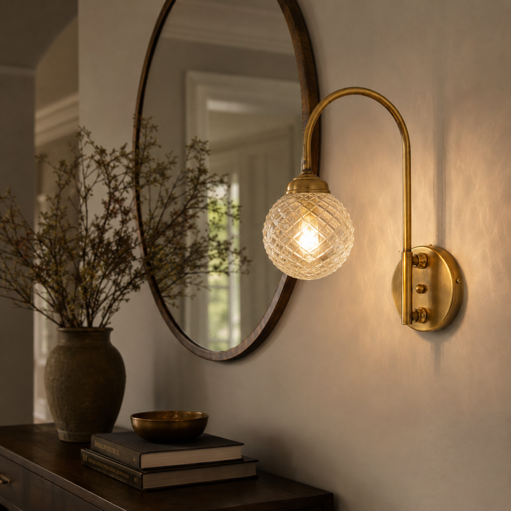 Aplique Elaine en acabado dorado con bola de cristal tallado iluminando una pared junto a un espejo y consola de madera.