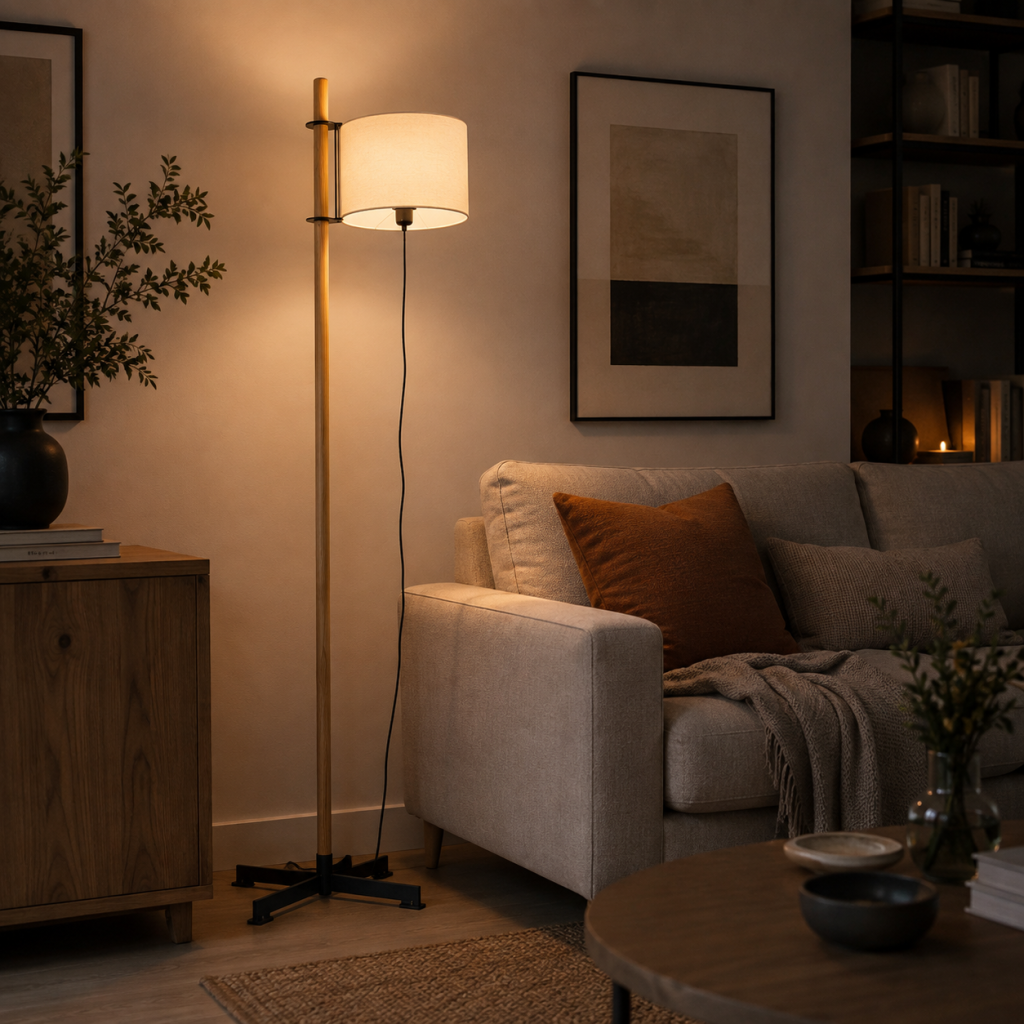 Lámpara de pie Elin de madera con pantalla blanca iluminando un rincón acogedor junto al sofá.