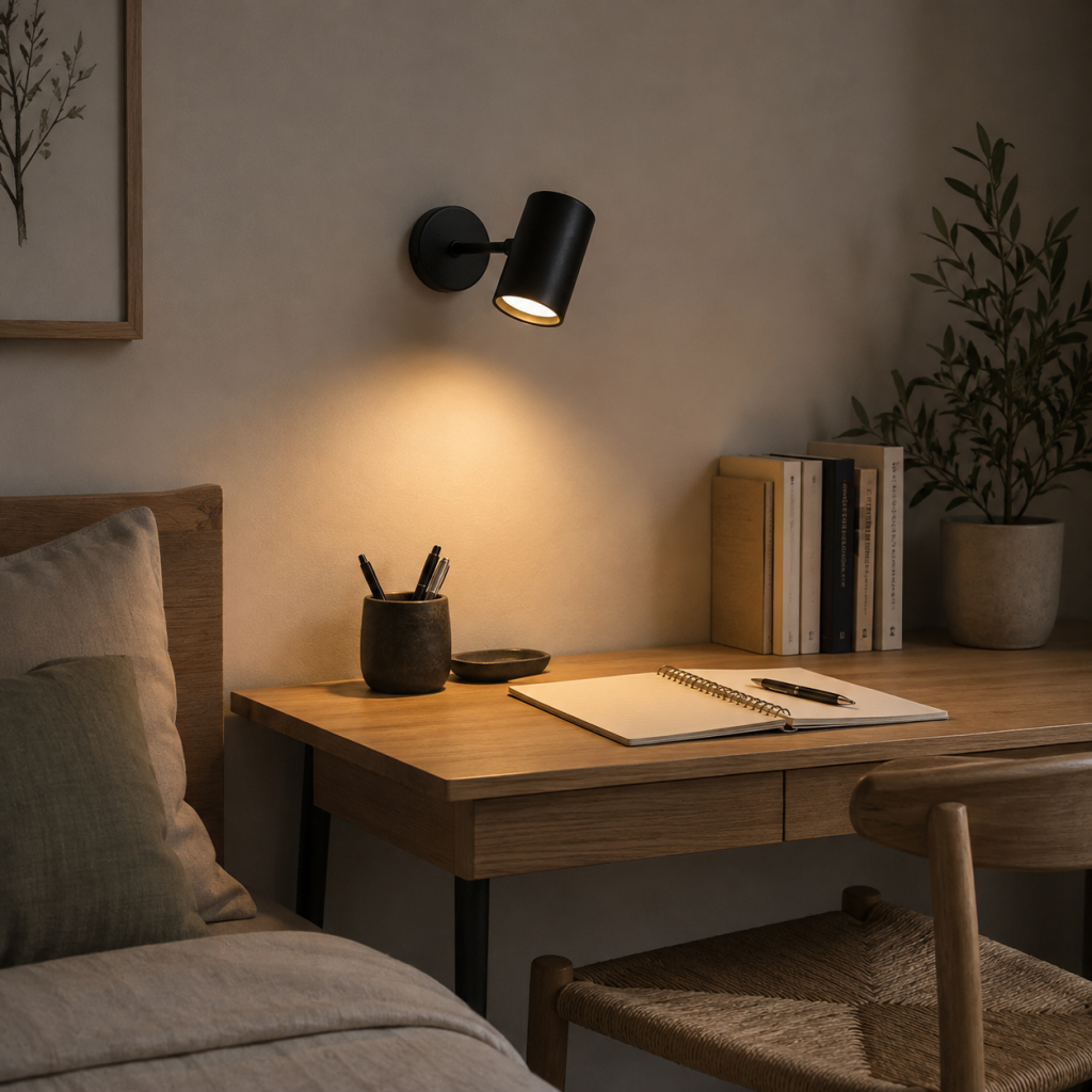 Aplique negro con foco lector iluminando un escritorio de madera junto a una cama en un dormitorio acogedor.