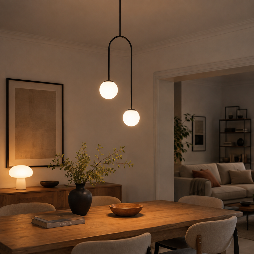 Lámpara Bardo negra con dos bolas de cristal iluminando una mesa de comedor en un salón contemporáneo.