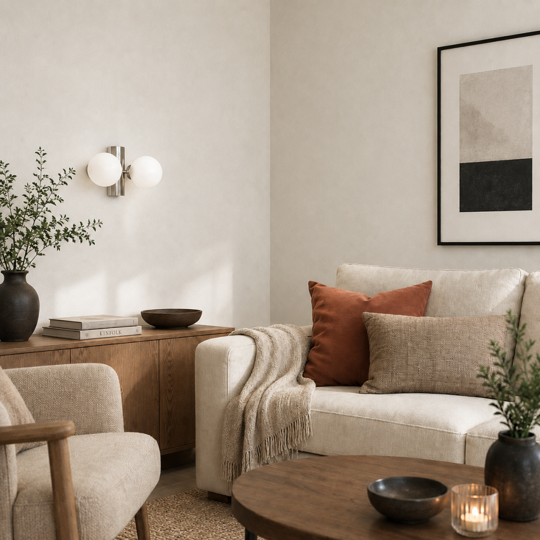 Aplique Felic cromado con dos bolas de cristal opal en un salón luminoso de estilo contemporáneo.