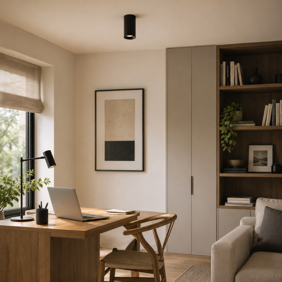 Lámpara de techo Sheila en negro mate iluminando una zona de trabajo integrada en un salón contemporáneo.