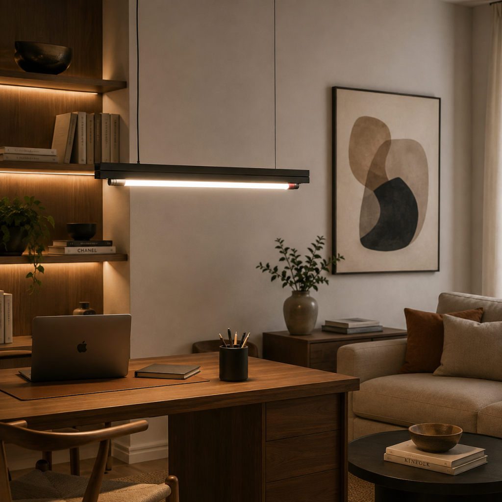 Lámpara colgante Vevila de diseño lineal negro iluminando una zona de trabajo integrada en un salón contemporáneo.