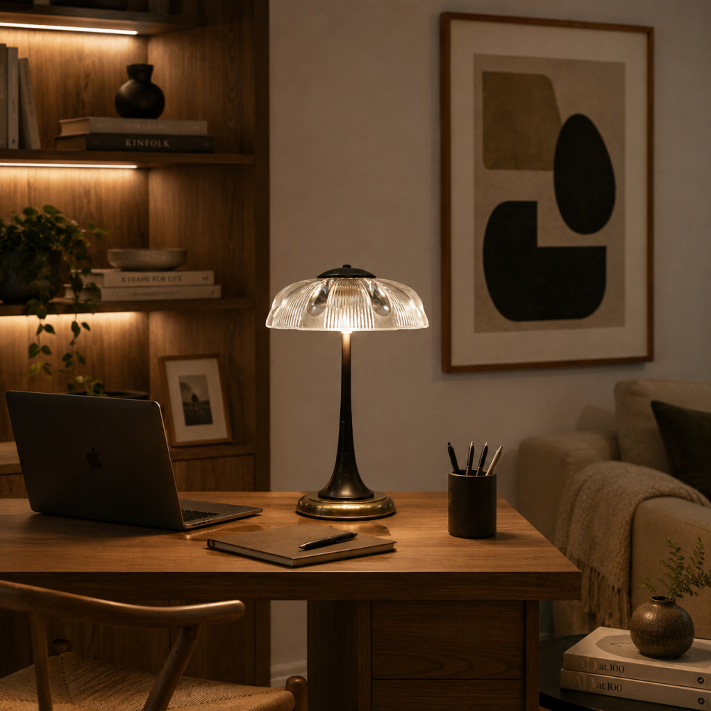 Lámpara de sobremesa Keoni con pantalla de cristal decorativo iluminando un escritorio integrado en un salón cálido.