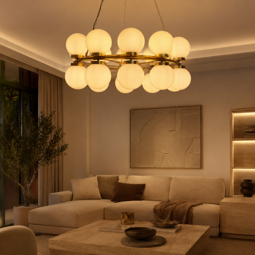 Lámpara Ermes con estructura circular y doble recorrido de bolas de cristal iluminando un salón neutro y elegante.