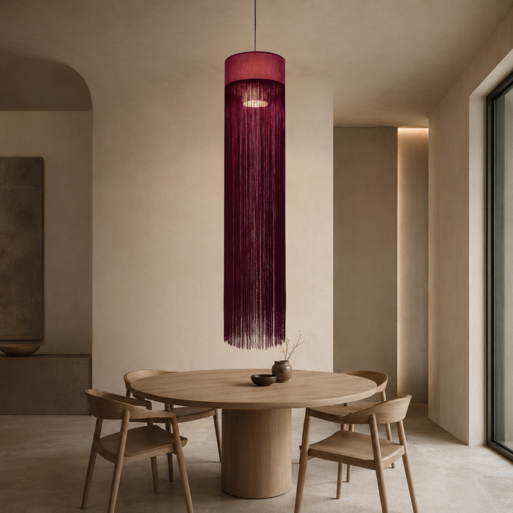 Lámpara colgante artesanal de hilos magenta sobre una mesa de comedor en un espacio minimalista de tonos neutros.