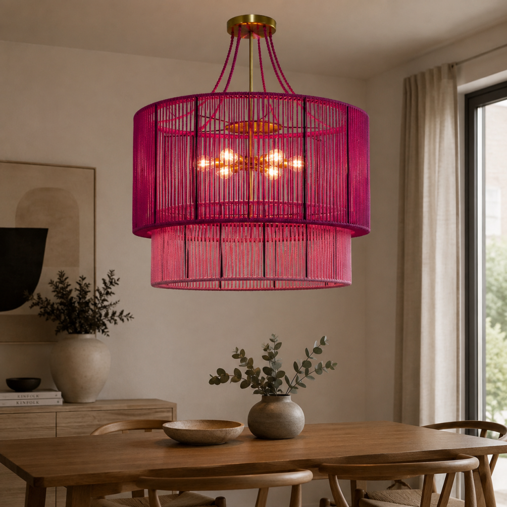 Lámpara Cirano de cuerda rosa iluminando un comedor minimalista con mesa de madera y decoración en tonos neutros.