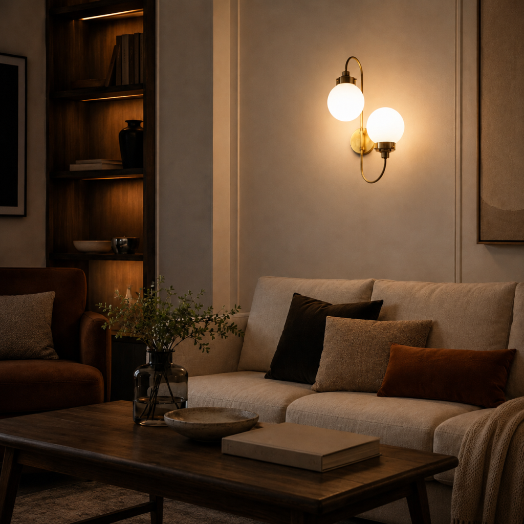 Salón cálido y acogedor con aplique de pared Amina en acabado efecto latón y dos bolas de cristal opal, aportando iluminación ambiental a media altura.