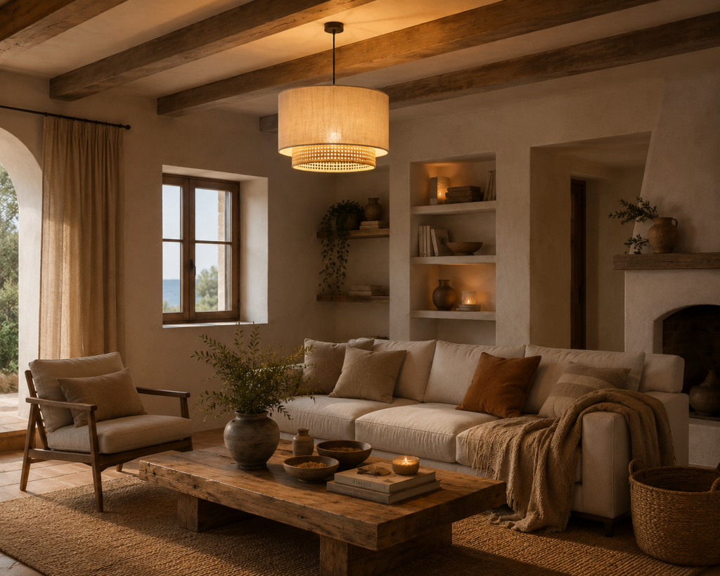 Salón mediterráneo cálido con lámpara de techo Todore de lino y rejilla natural, integrada entre vigas de madera y tonos neutros.