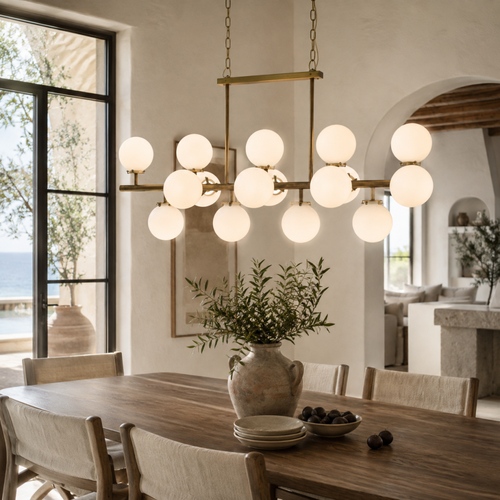 Lámpara colgante lineal de latón con globos de cristal opal iluminando un comedor mediterráneo.