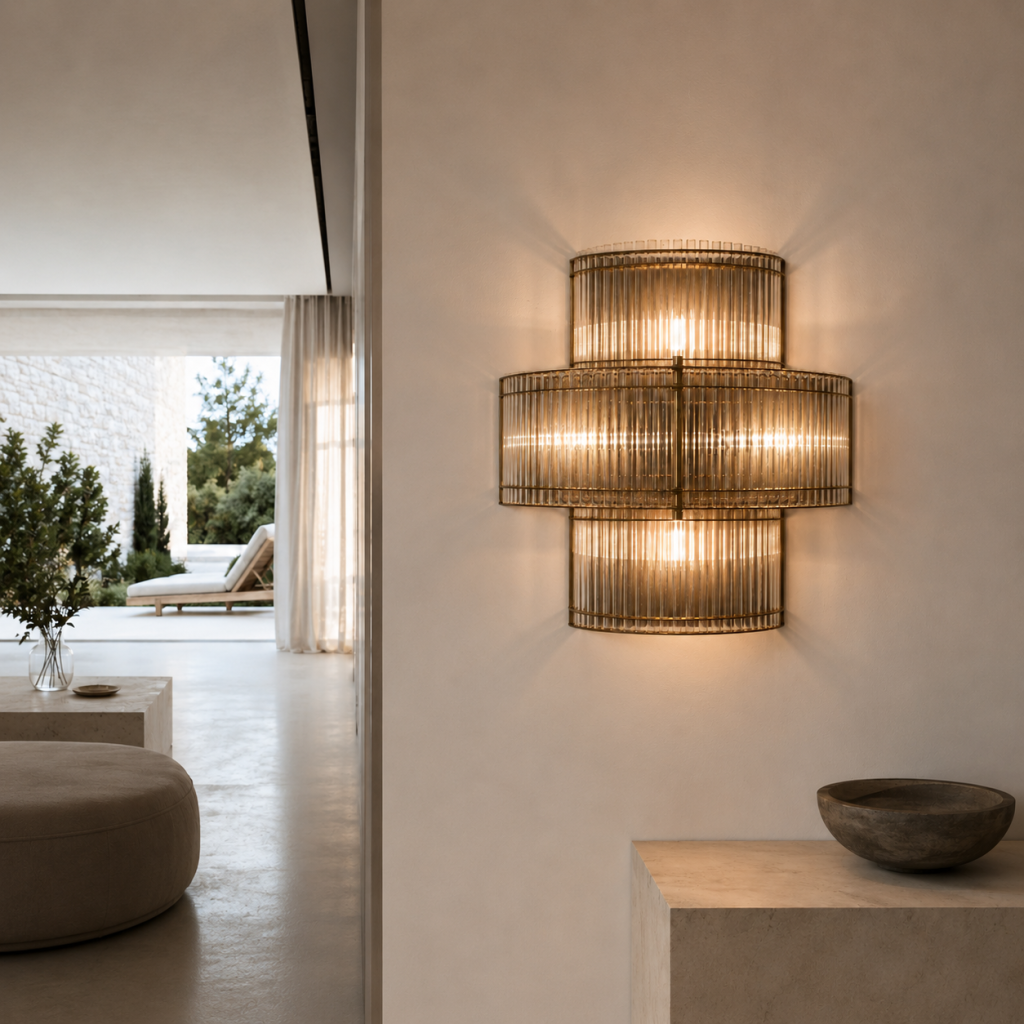 Aplique de pared vintage de tres niveles con estructura de latón y varillas de cristal estriado iluminado con luz cálida.