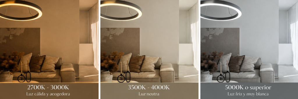 Comparativa de una lámpara colgante LED circular con luz cálida de 2700K, luz neutra de 4000K y luz fría de 5000K.