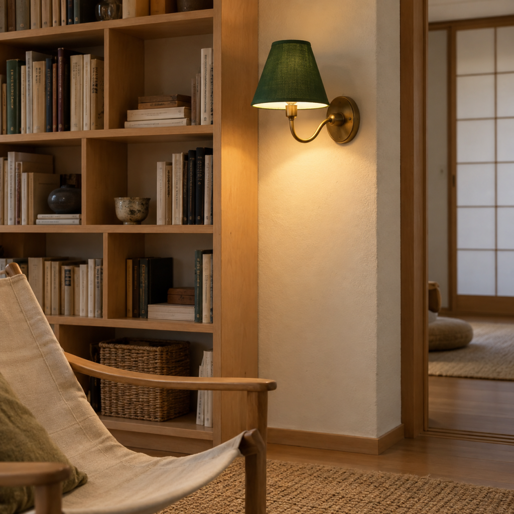 Aplique con pantalla verde y soporte de latón encendido junto a una librería de madera y una butaca de tela clara.