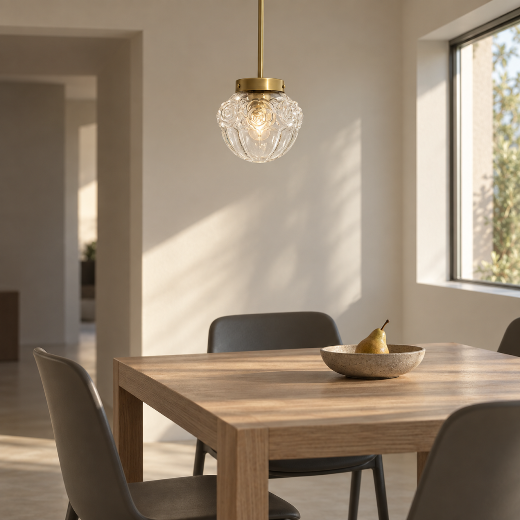 Lámpara Emma con tulipa de cristal decorada con rosas y soporte de latón, sobre una mesa de madera en un comedor contemporáneo.