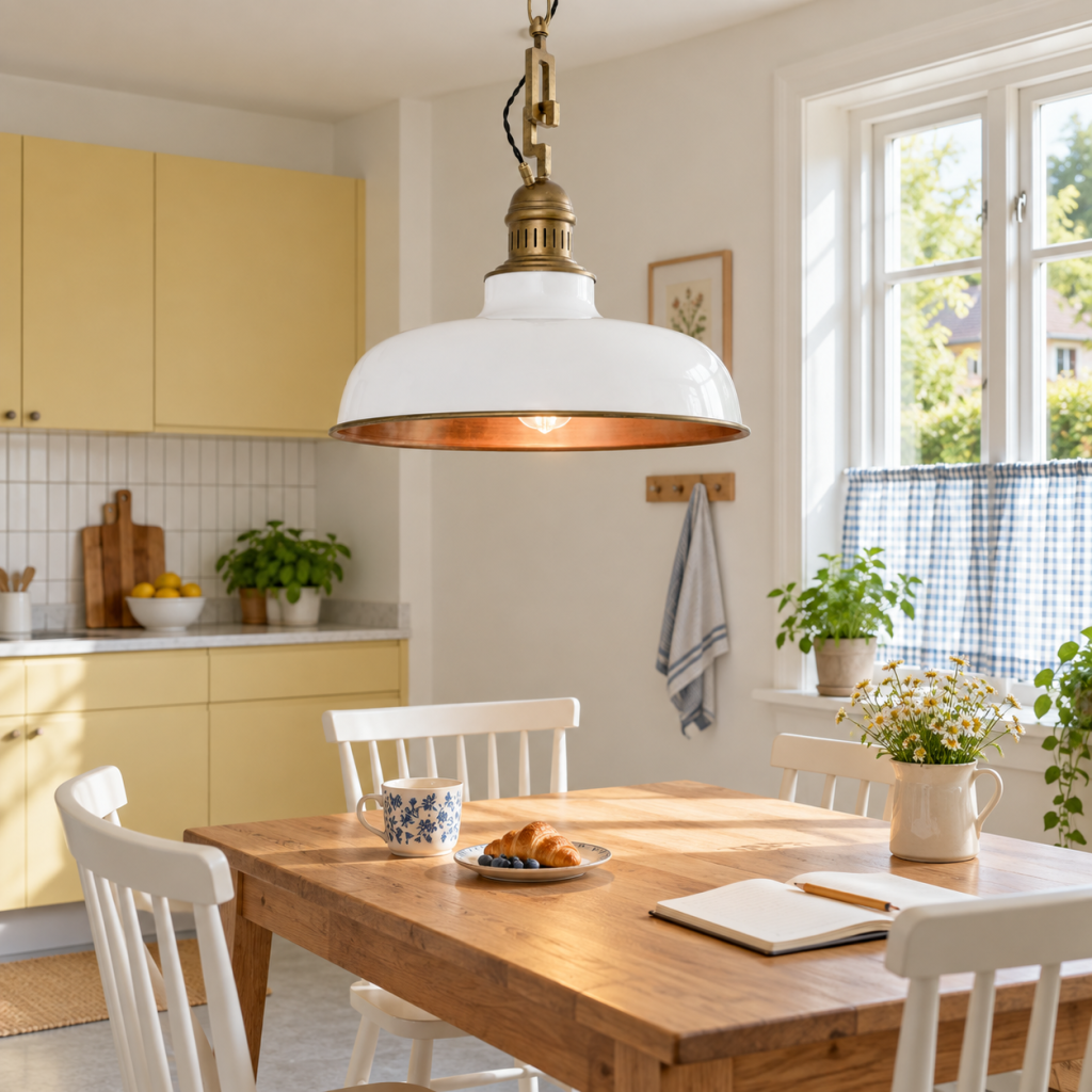 Lámpara Laura de pantalla metálica blanca y detalles de latón sobre una mesa de madera con desayuno y cuaderno, en una cocina luminosa.
