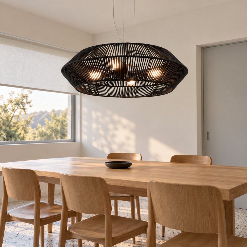 Lámpara colgante Dago de cuerdas negras sobre una mesa rectangular de madera, en un comedor luminoso con paredes claras y sillas sencillas.