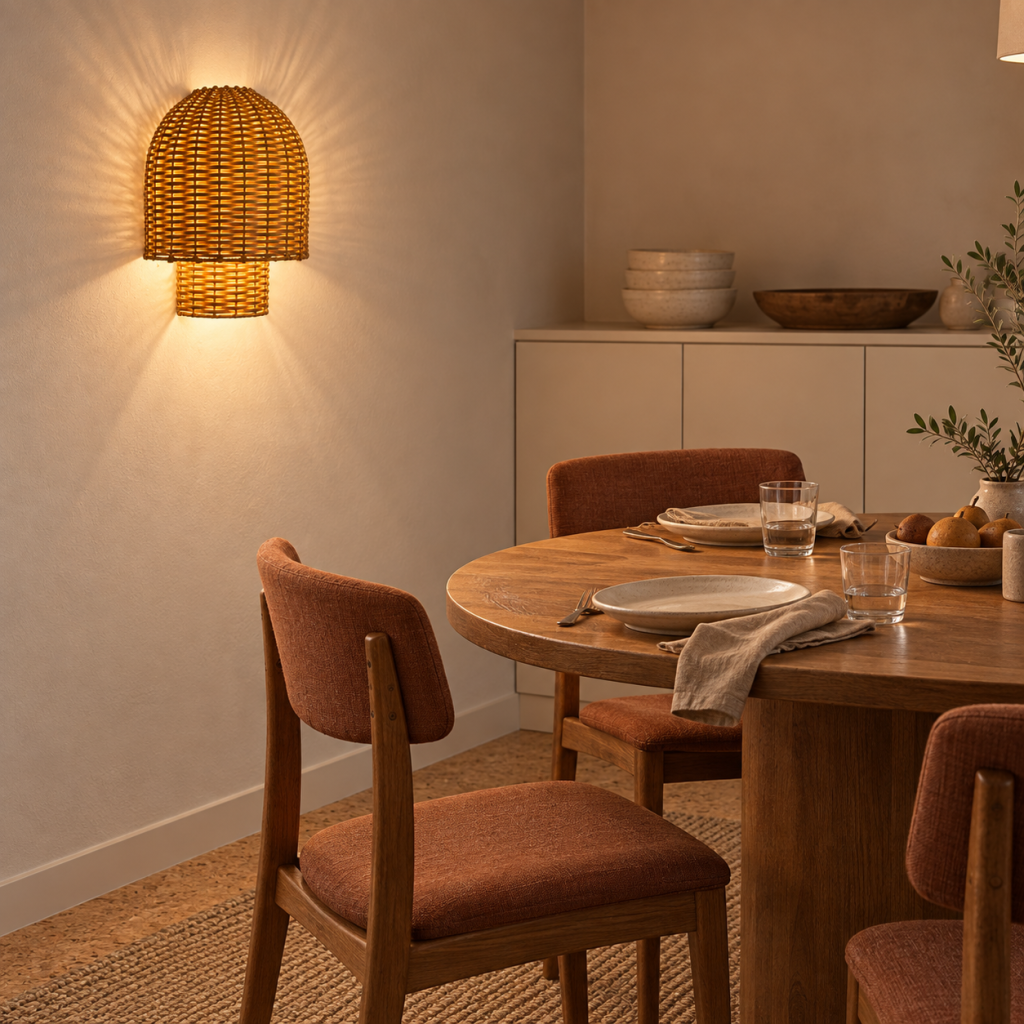 Aplique Vilma de mimbre beige encendido junto a una mesa redonda de madera preparada para cenar, con sillas tapizadas en tonos tierra.