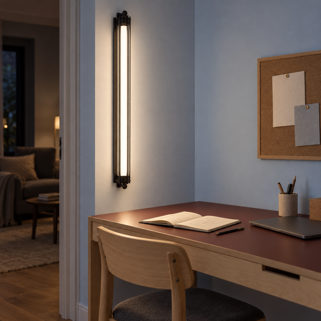 Aplique Lara tubular negro encendido junto a un escritorio de madera con un cuaderno abierto, mientras el salón del fondo permanece tenuemente iluminado.