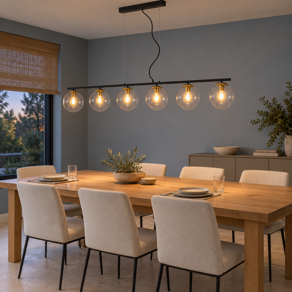 Lámpara Dmitri con regleta negra y seis bolas de cristal transparente encendidas sobre una mesa alargada de madera con sillas tapizadas claras.