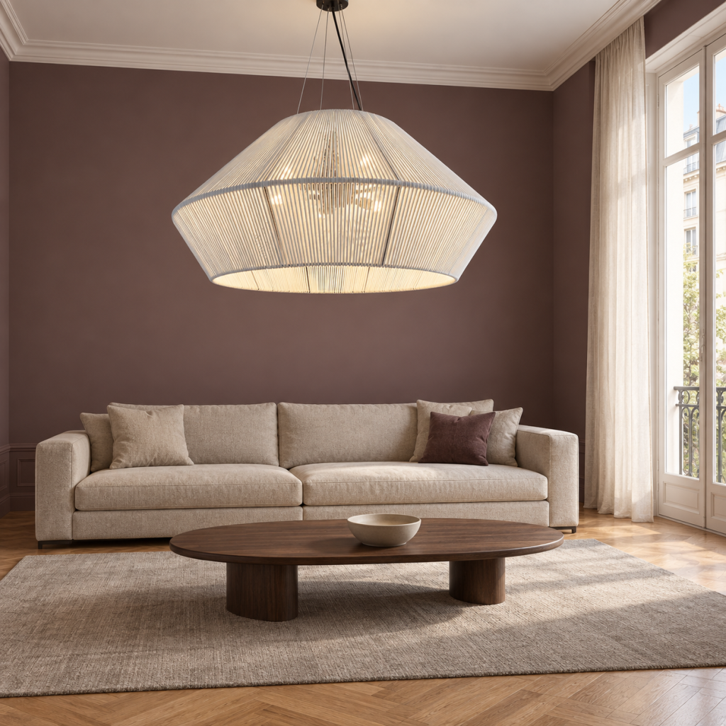 Lámpara Dudek de hilos blancos en un salón con paredes malva, sofá beige y mesa ovalada de madera.