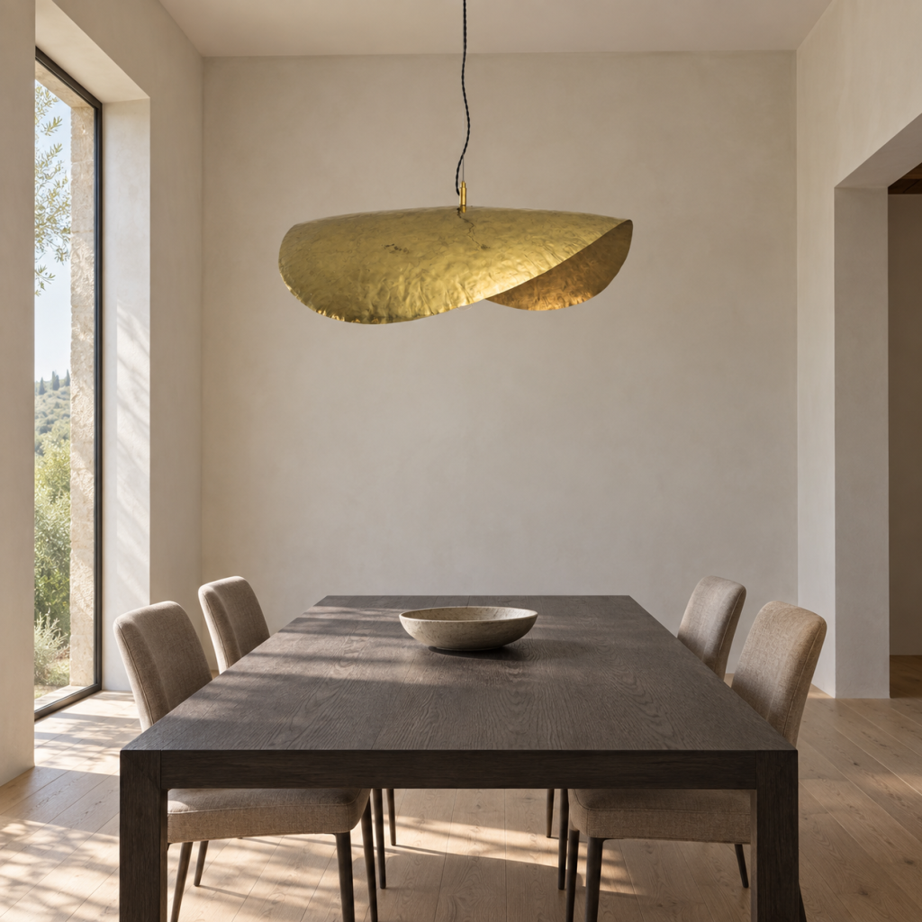 Lámpara Jessica de latón con pantalla ondulada sobre una mesa de madera oscura en un comedor de tonos neutros.