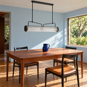 Lámpara Miren apagada, con estructura negra y varillas de cristal, sobre una mesa de madera en un comedor con luz natural.