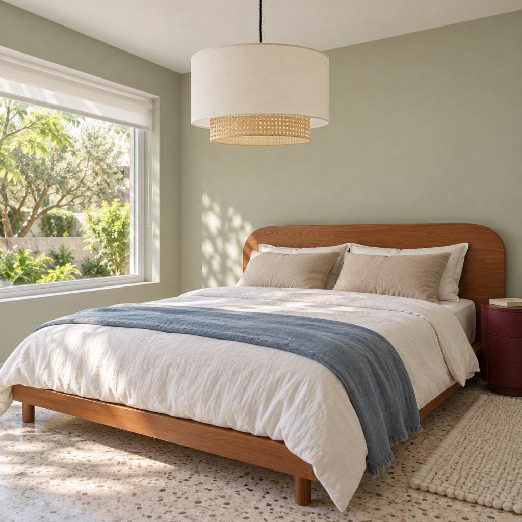 Lámpara Todore de lino blanco y rejilla natural sobre una cama de madera en un dormitorio con paredes verde suave.