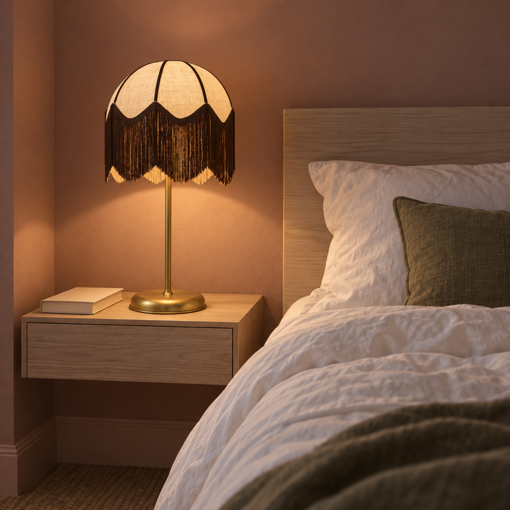 Lámpara Dalmar encendida, con pantalla de lino beige y flecos chocolate, sobre una mesita de madera junto a la cama.