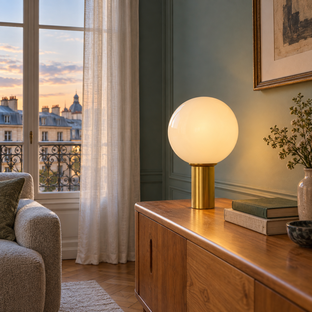 Lámpara Fede encendida, con esfera de cristal opal y base de latón, sobre un aparador de madera junto a una ventana al atardecer.