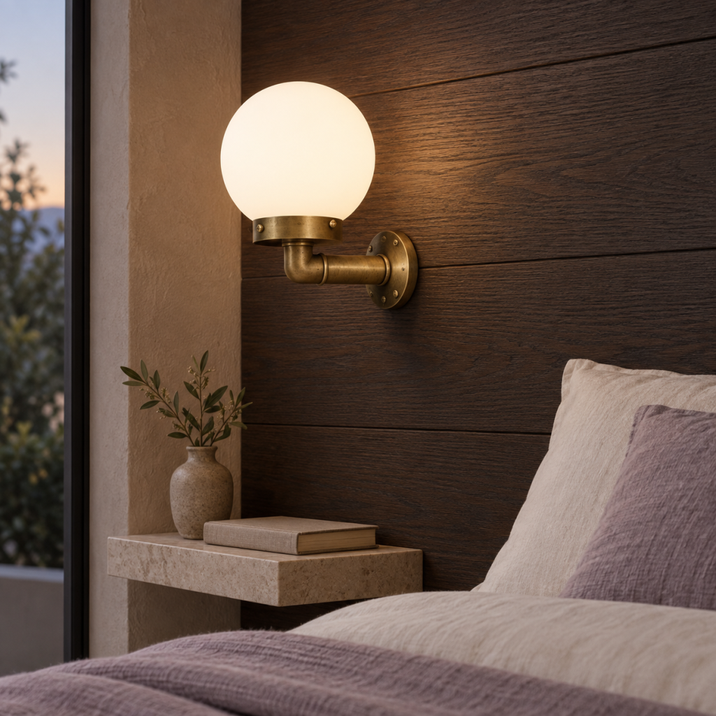 Aplique Aurelia de cristal opal y latón envejecido sobre madera oscura, junto a una cama con textiles claros.