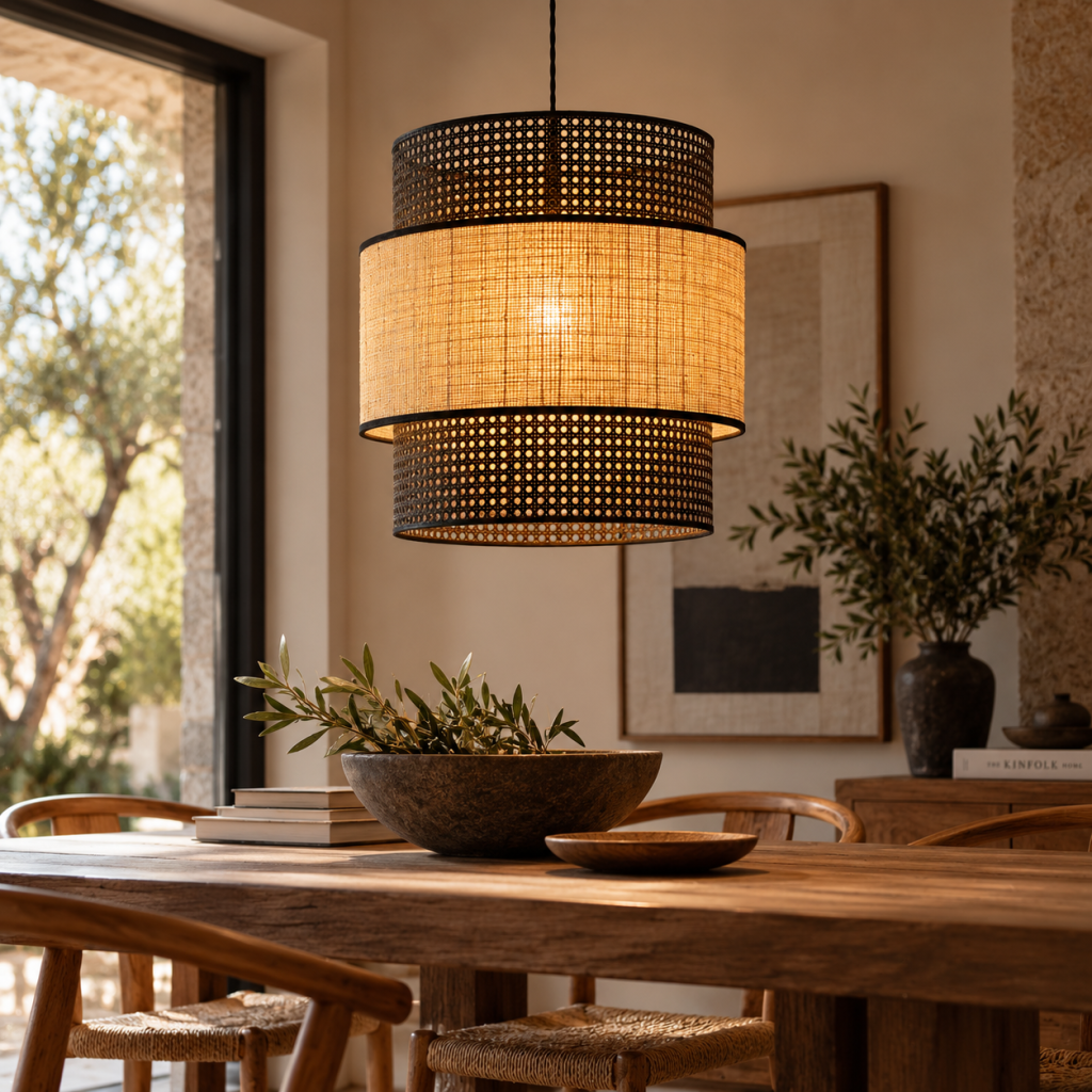 Lámpara de pie vintage en latón y negro integrada en un salón cálido y acogedor.