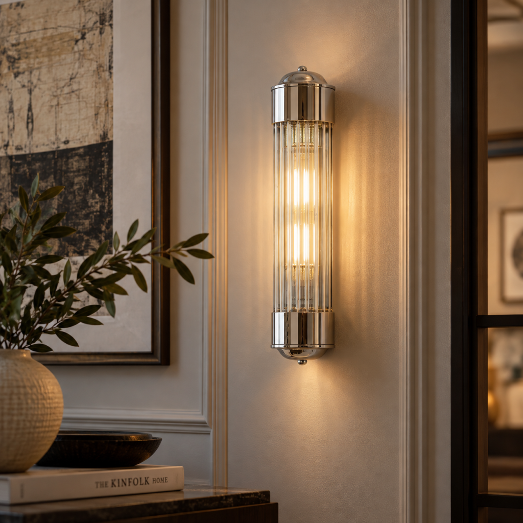 Aplique Ceres de cristal rayado y acabado metálico brillante integrado en una pared elegante con iluminación cálida.