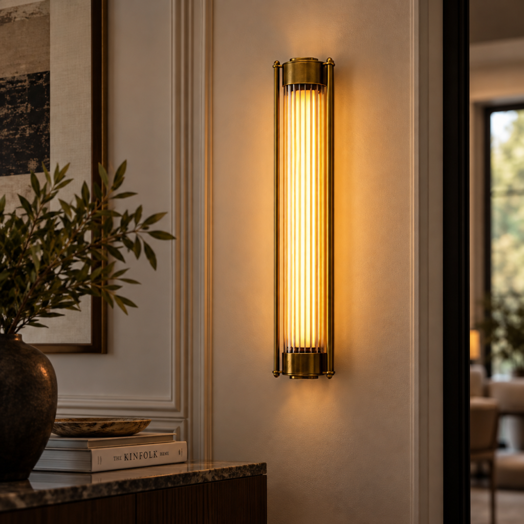 Aplique vertical de latón envejecido con cristal estriado y luz cálida sobre una pared elegante.