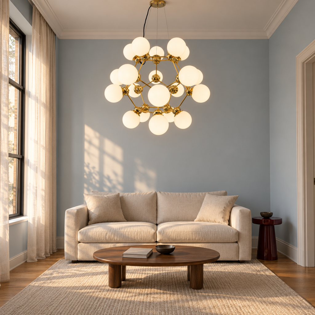 Lámpara Lea dorada con globos opal sobre un sofá beige en un salón pequeño de paredes azul claro.