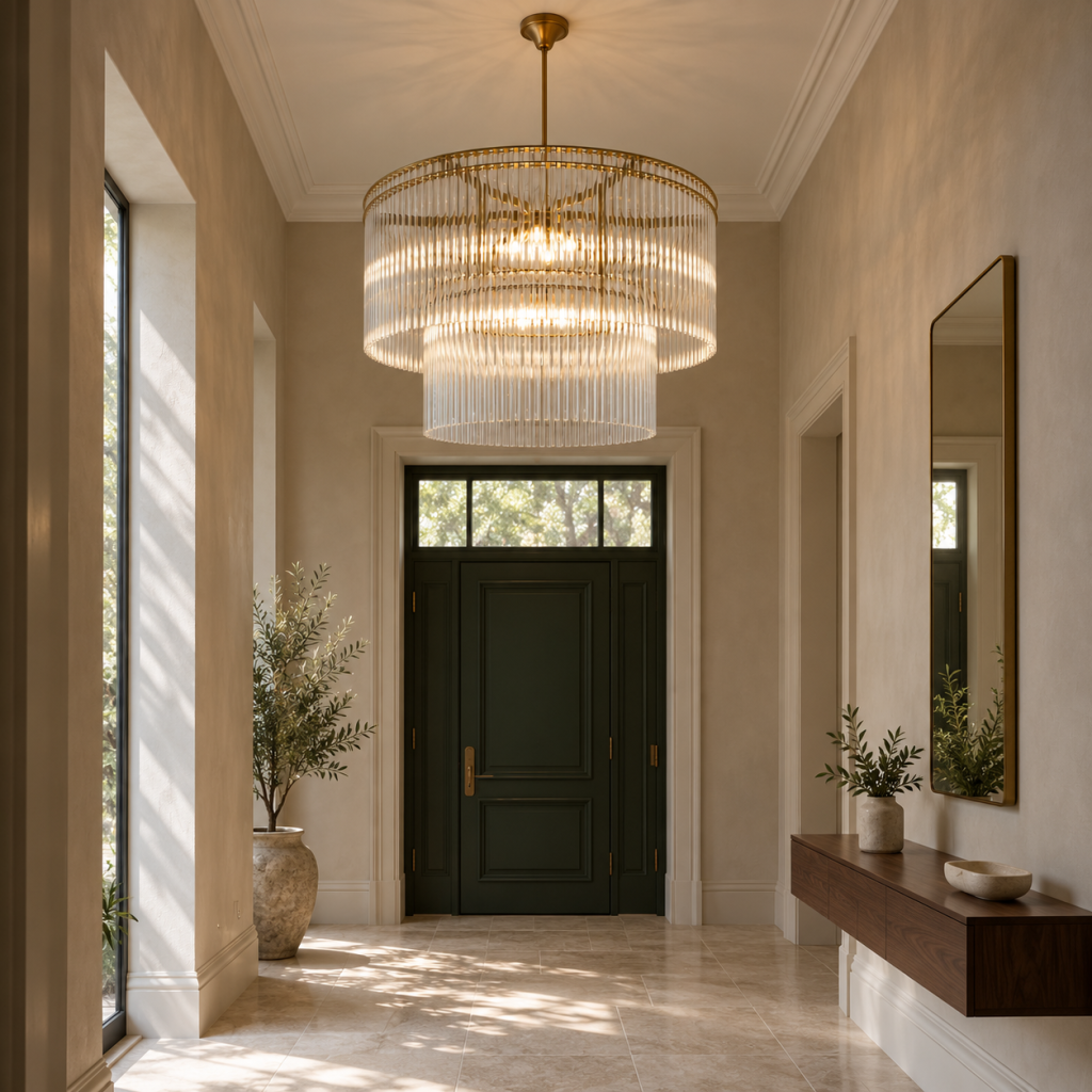 Lámpara Nidia de tubos de cristal en un recibidor de techo alto, con puerta verde oscuro y consola de madera.
