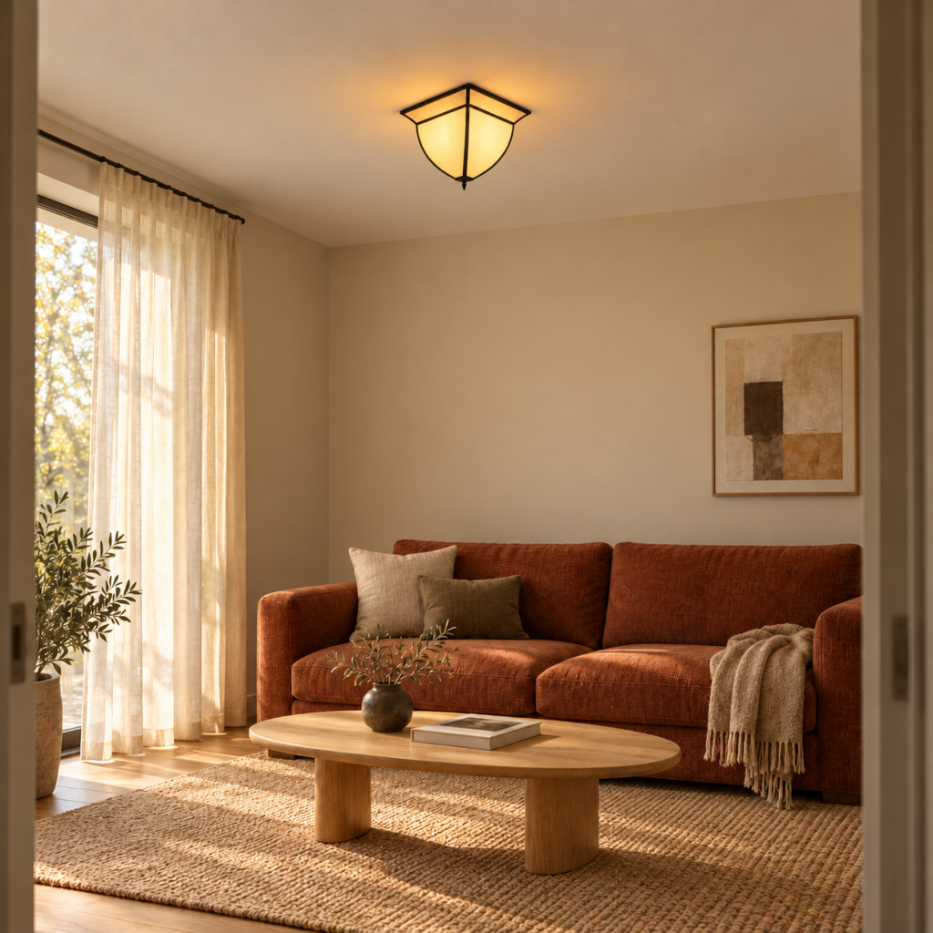 Plafón Robin de pantalla clara y ribetes negros en un salón pequeño con sofá teja y mesa de madera.