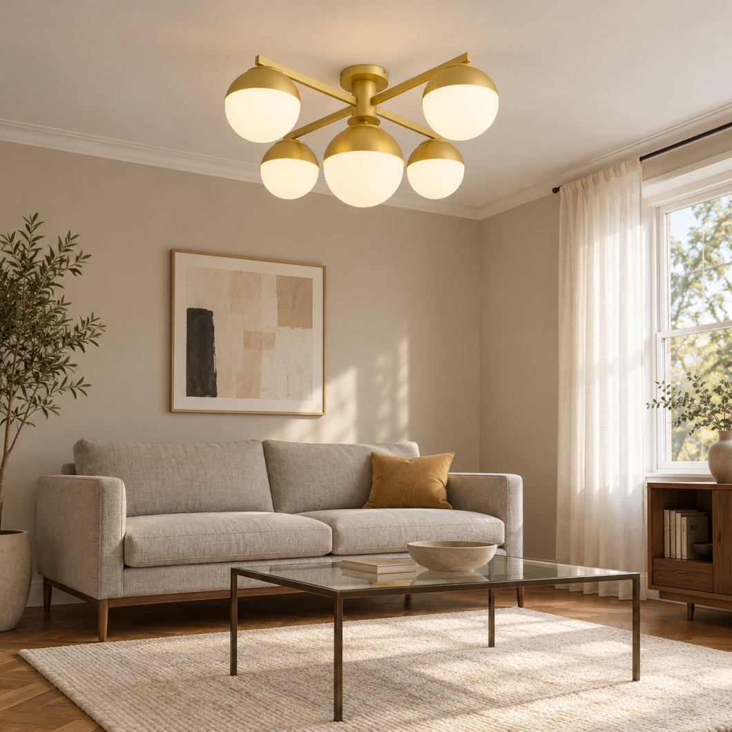 Plafón Douglas dorado con cinco esferas opal en un salón pequeño con sofá neutro y mesa de centro de cristal.