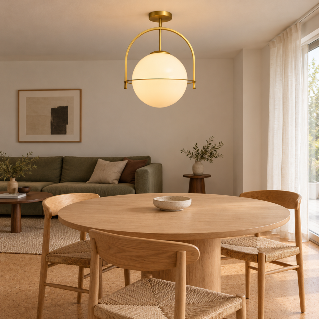 Plafón Camden con esfera opal y anillo dorado sobre una mesa redonda de madera, con un sofá verde al fondo.