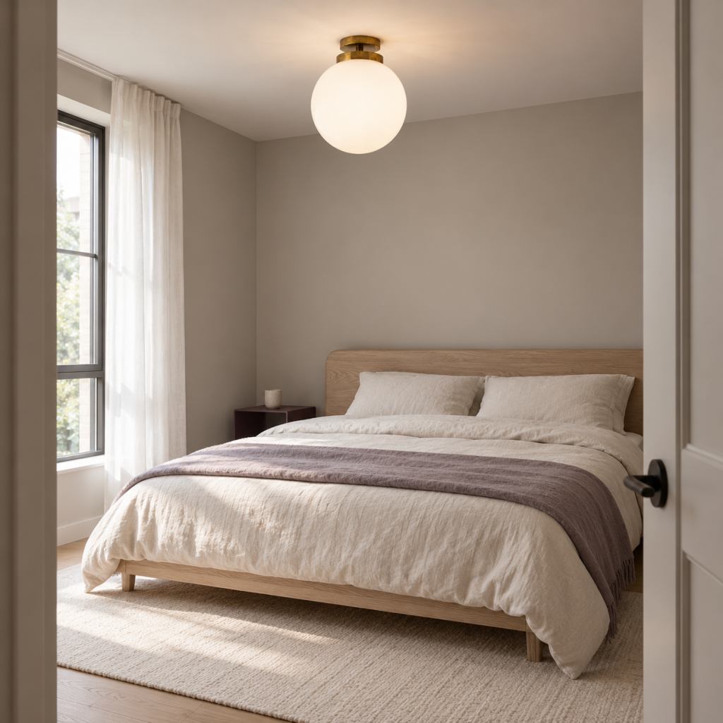 Lámpara Tamara de cristal opal y latón envejecido en un dormitorio pequeño con cama de madera clara y textiles marfil.