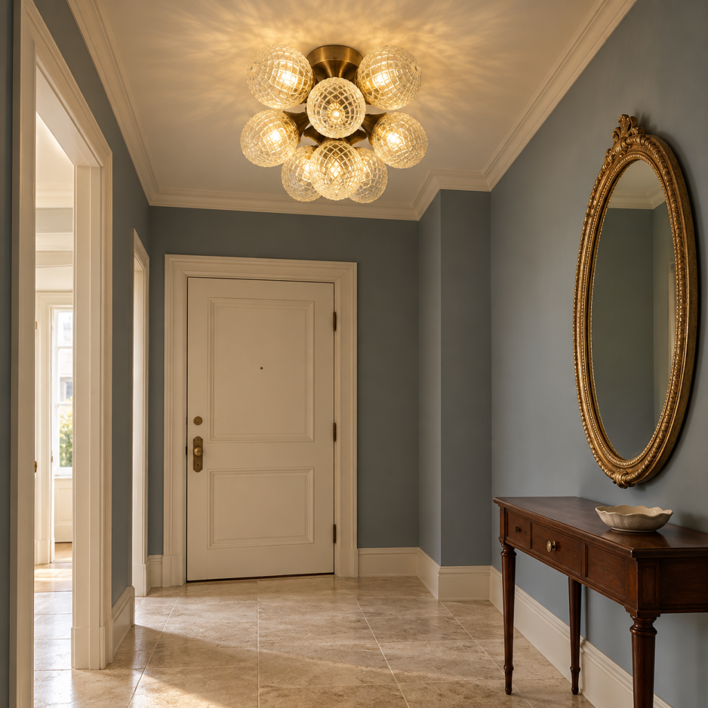 Plafón Sol con tulipas de cristal en forma de piña en un recibidor azul grisáceo con consola de madera y espejo antiguo.