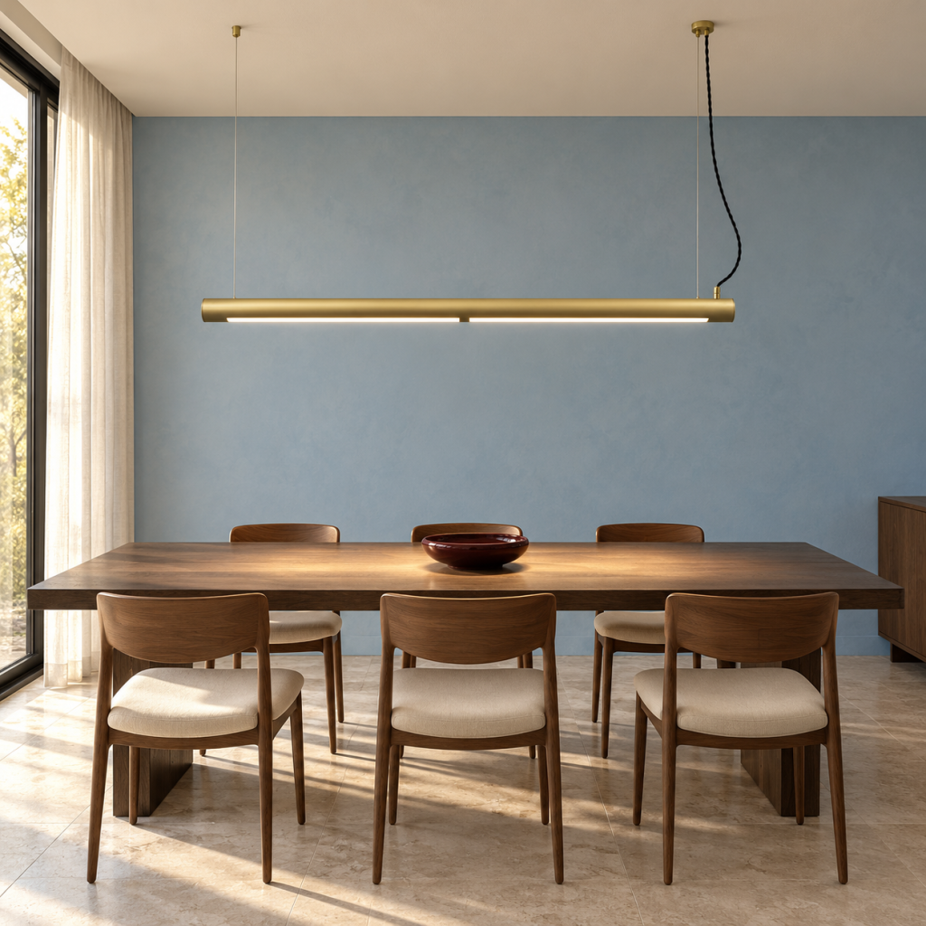 Lámpara lineal Sofia en acabado latón sobre una mesa rectangular de madera, con seis sillas y una pared azul claro.